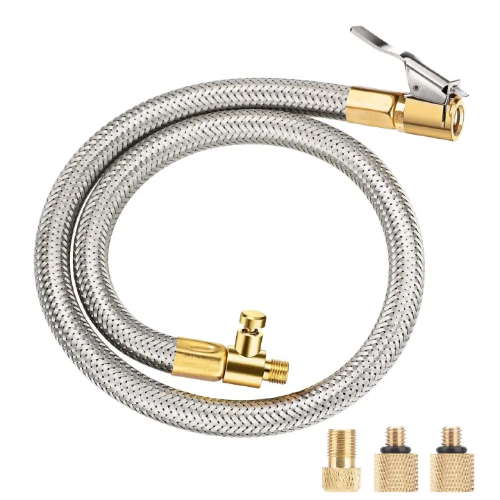 2pcs 50cm Tire Inflator Extension Hose Adaptor with Quick Release, Clip-On Locking Air Chuck with Flexible Stainless Steel Tire Valve Extension Tube, Air Tire Connect Pipe for Air Pump/Compressor