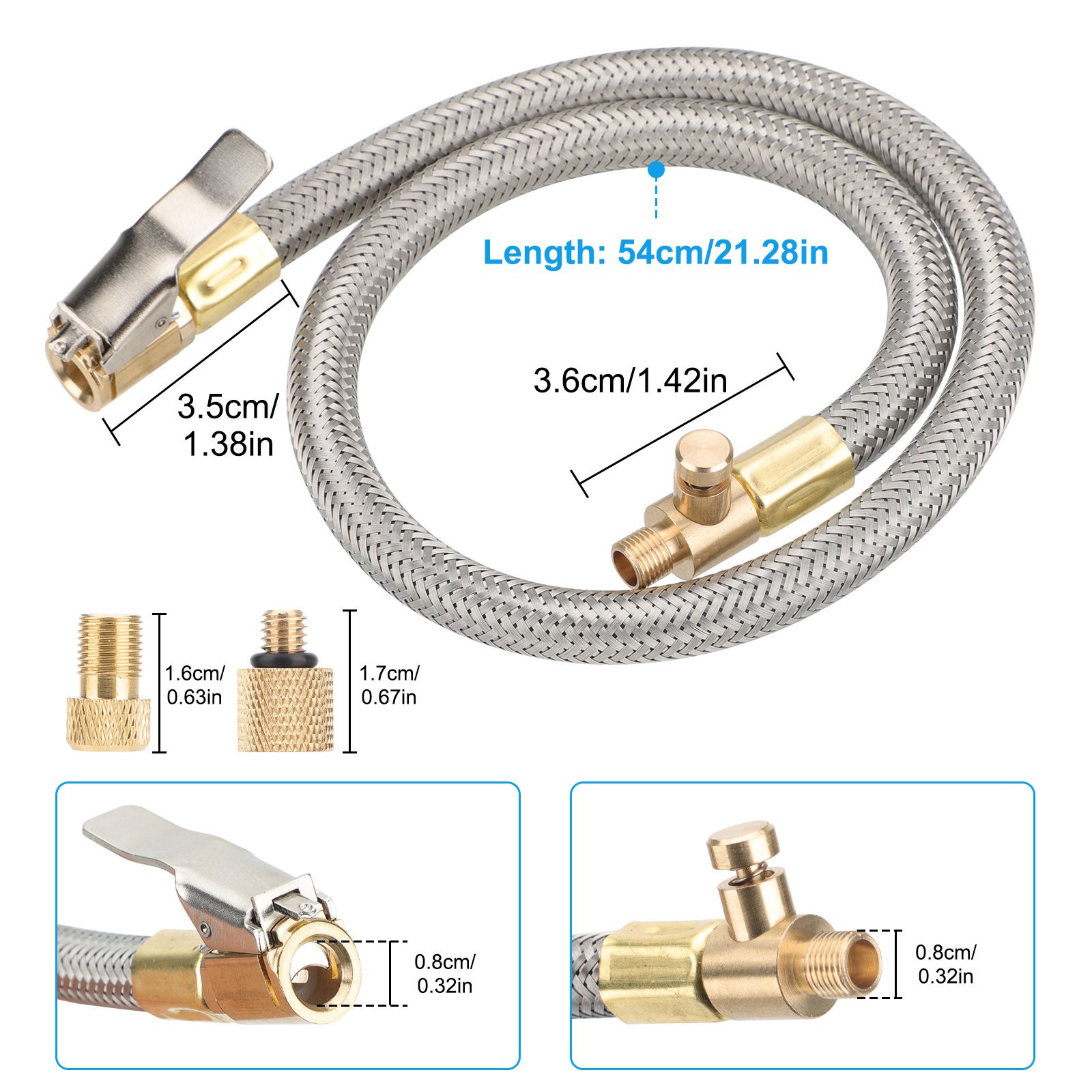 2pcs 50cm Tire Inflator Extension Hose Adaptor with Quick Release, Clip-On Locking Air Chuck with Flexible Stainless Steel Tire Valve Extension Tube, Air Tire Connect Pipe for Air Pump/Compressor