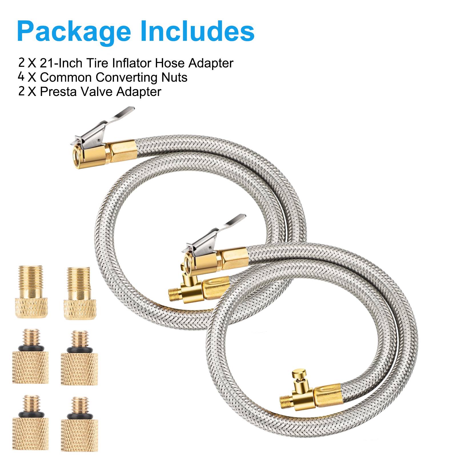 2pcs 50cm Tire Inflator Extension Hose Adaptor with Quick Release, Clip-On Locking Air Chuck with Flexible Stainless Steel Tire Valve Extension Tube, Air Tire Connect Pipe for Air Pump/Compressor