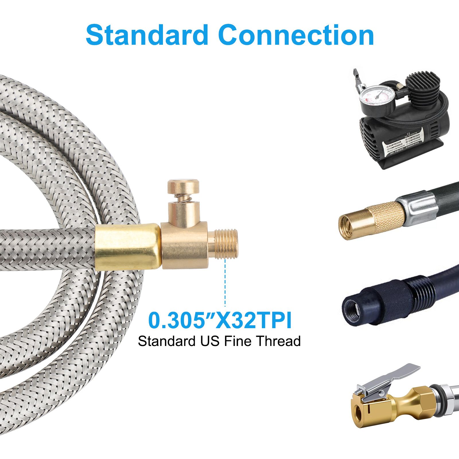 2pcs 50cm Tire Inflator Extension Hose Adaptor with Quick Release, Clip-On Locking Air Chuck with Flexible Stainless Steel Tire Valve Extension Tube, Air Tire Connect Pipe for Air Pump/Compressor