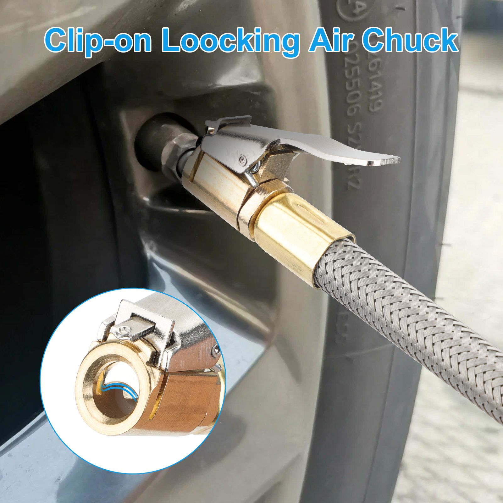 2pcs 50cm Tire Inflator Extension Hose Adaptor with Quick Release, Clip-On Locking Air Chuck with Flexible Stainless Steel Tire Valve Extension Tube, Air Tire Connect Pipe for Air Pump/Compressor