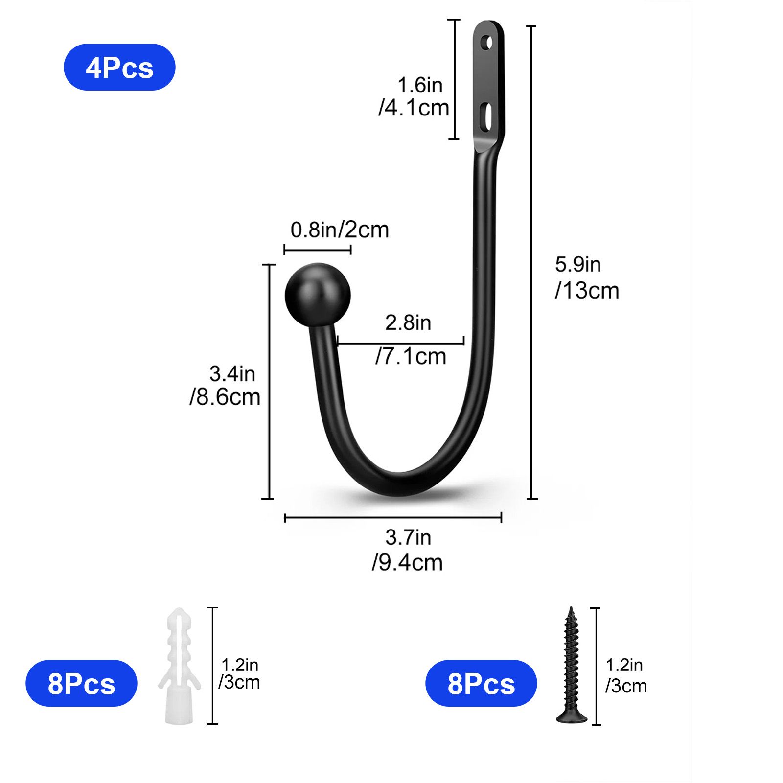 Curtain Holdbacks, 4 pcs Curtains Holder Wall Mounted Drapery Tiebacks Retro Window Hook for Home Decor, Black/Sliver