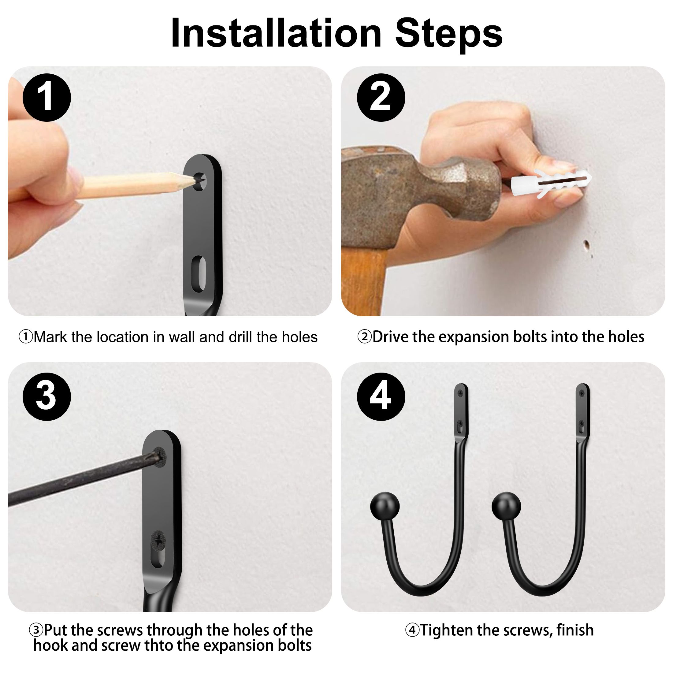 Curtain Holdbacks, 4 pcs Curtains Holder Wall Mounted Drapery Tiebacks Retro Window Hook for Home Decor, Black/Sliver