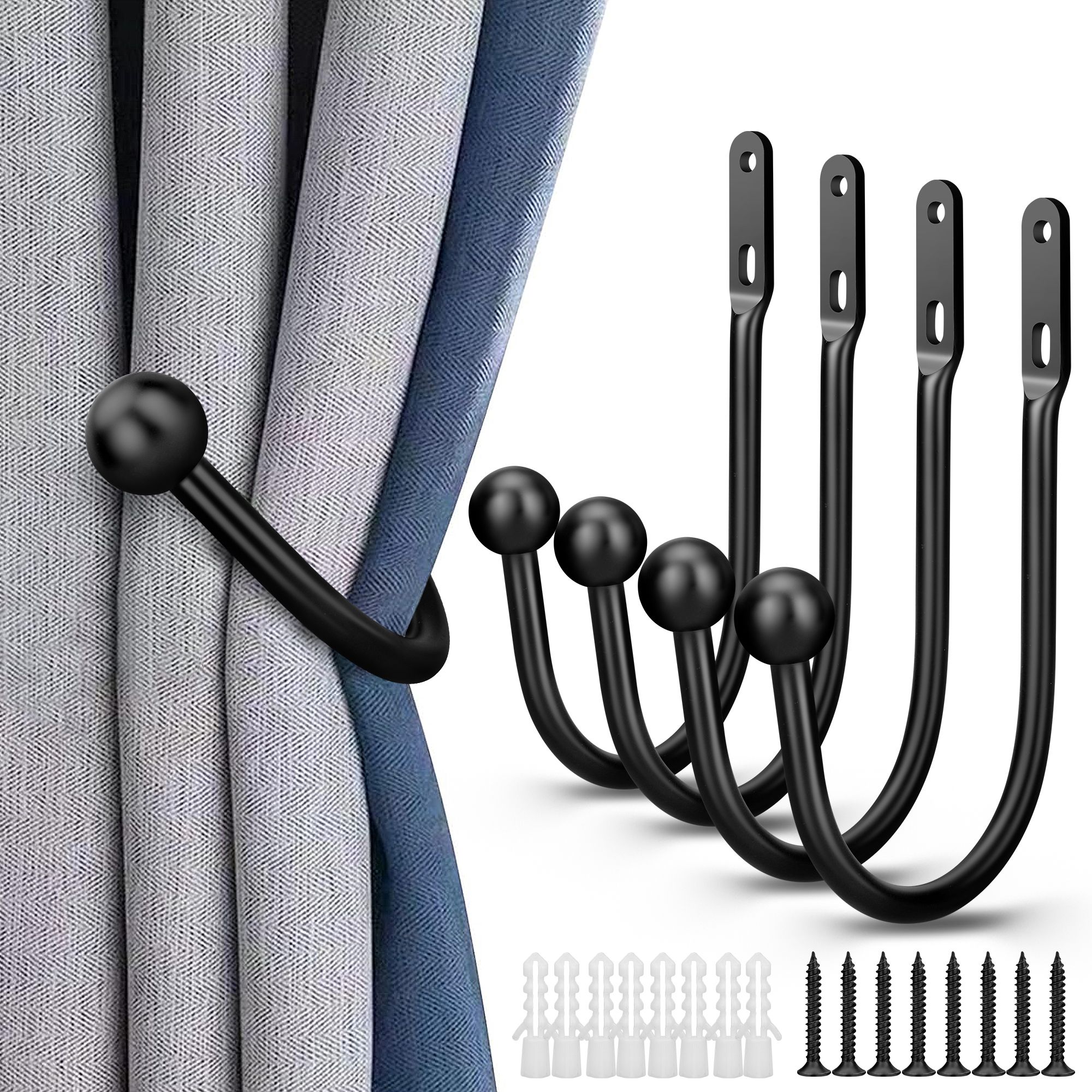 Curtain Holdbacks, 4 pcs Curtains Holder Wall Mounted Drapery Tiebacks Retro Window Hook for Home Decor, Black/Sliver