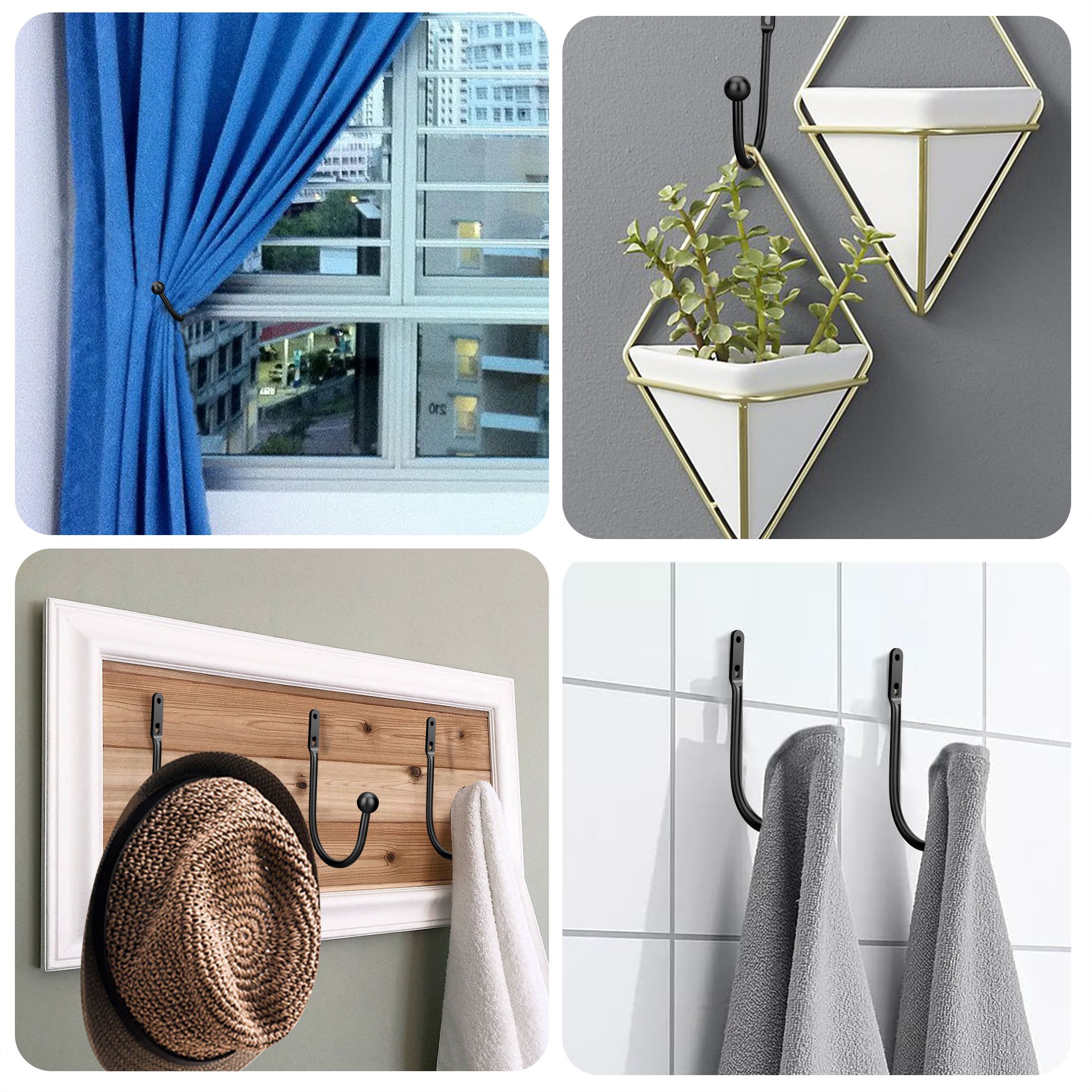 Curtain Holdbacks, 4 pcs Curtains Holder Wall Mounted Drapery Tiebacks Retro Window Hook for Home Decor, Black/Sliver