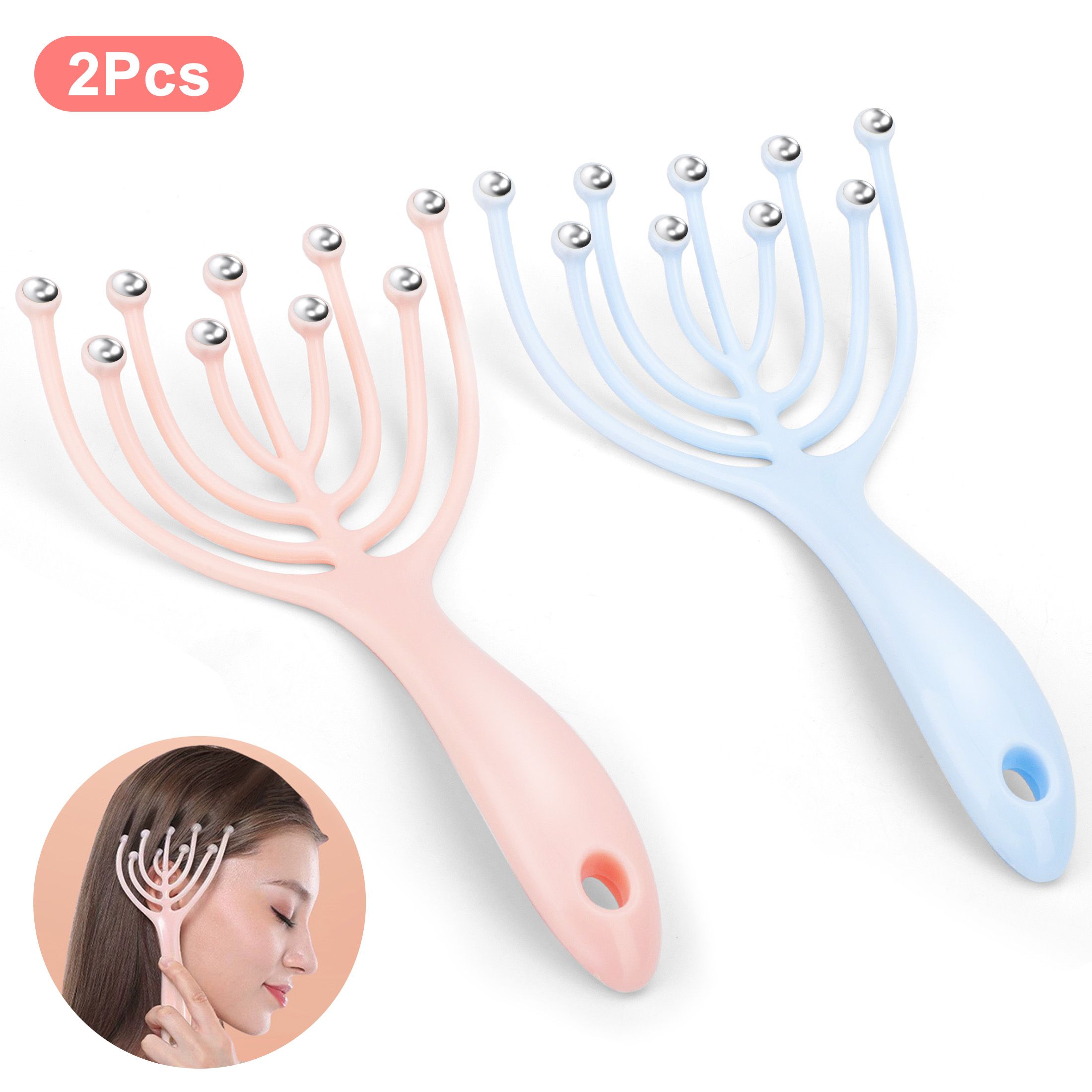 2pcs 9-Claw Scalp Massager, Handheld Head SPA Massager for Deep Relaxation, Stress Relief, Stimulates Blood Circulation in The Head to Promote Hair Growth, Blue + Pink