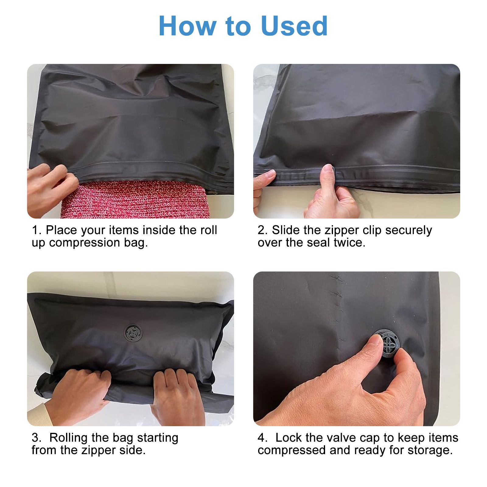 4pcs Vacuum Compression Bags for Travel, Reusable Roll-Up Space Saver for Clothes, Small Luggage Vacuum Storage Bag