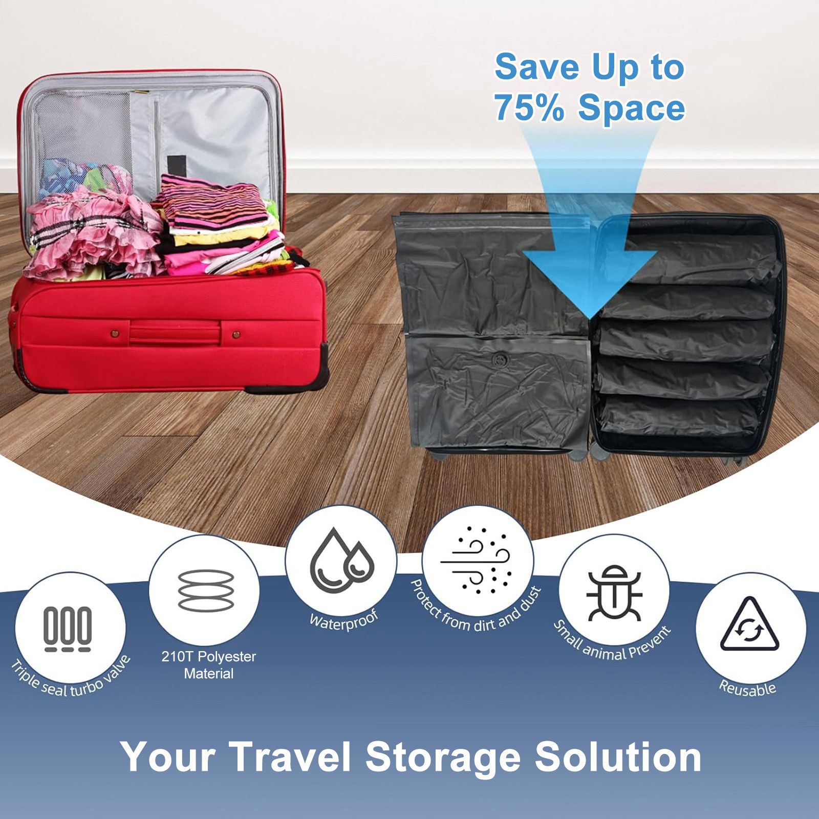 4pcs Vacuum Compression Bags for Travel, Reusable Roll-Up Space Saver for Clothes, Small Luggage Vacuum Storage Bag