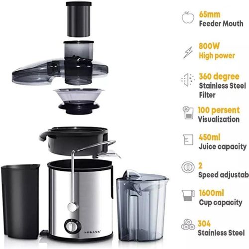 Sokany SK-4000 Heavy Commercial Slow Juicer Juice Extractor, Juicer 800 W for Fruit and Vegetables Stainless Steel, Large 65 mm Filling Opening, 450 ml Juice Container and 2 Speed Levels
