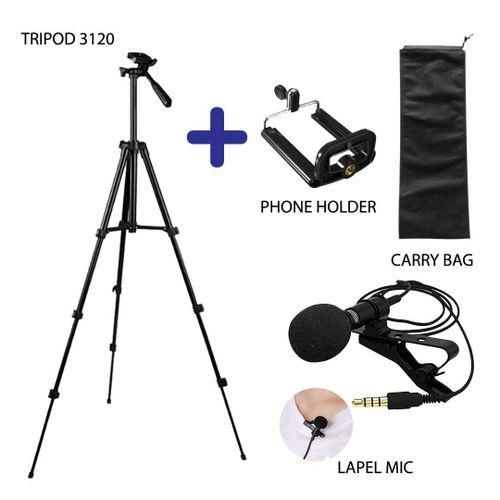 Tripod Stand, Lavalier Microphone & Phone Holder - 1.2Meters Tall Tripod