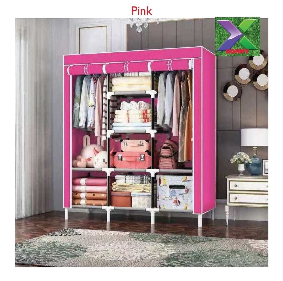 Anniversary Offer!!! 3 Columns Assemble Closets Portable Home Storage Metallic Portable Cloth Wardrobe for Hanging Clothes with 2 Hanging Rods
