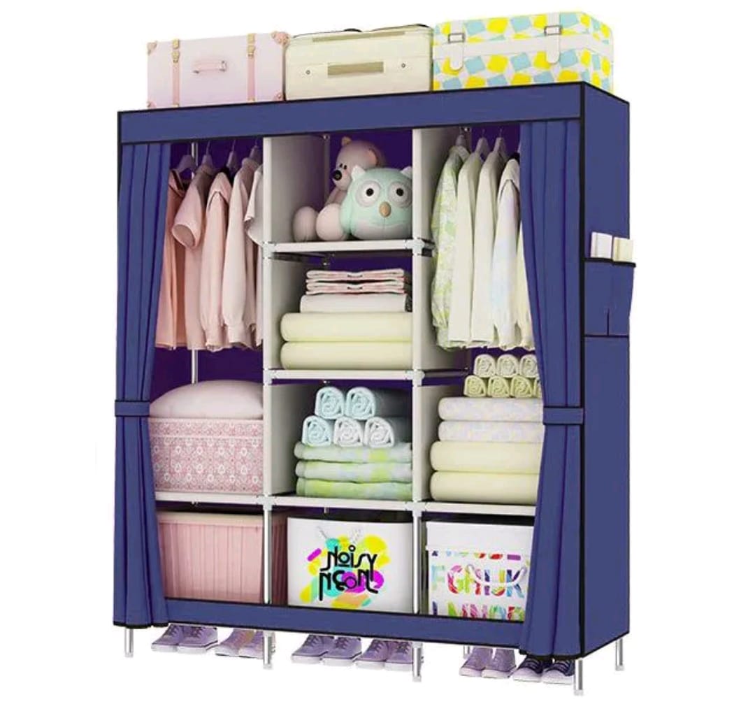 Anniversary Offer!!! 3 Columns Assemble Closets Portable Home Storage Metallic Portable Cloth Wardrobe for Hanging Clothes with 2 Hanging Rods