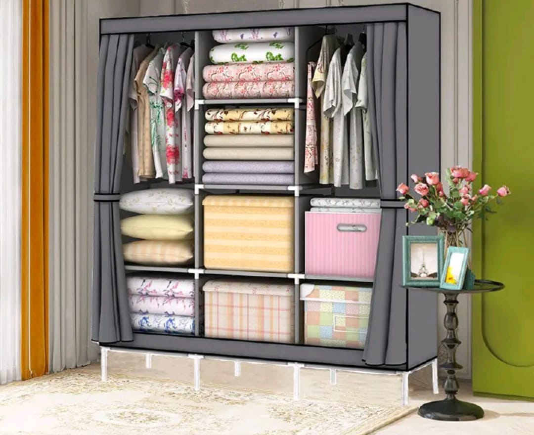 Anniversary Offer!!! 3 Columns Assemble Closets Portable Home Storage Metallic Portable Cloth Wardrobe for Hanging Clothes with 2 Hanging Rods