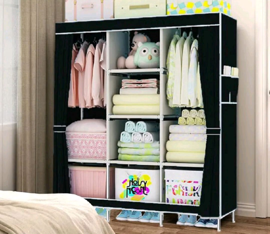 Anniversary Offer!!! 3 Columns Assemble Closets Portable Home Storage Metallic Portable Cloth Wardrobe for Hanging Clothes with 2 Hanging Rods