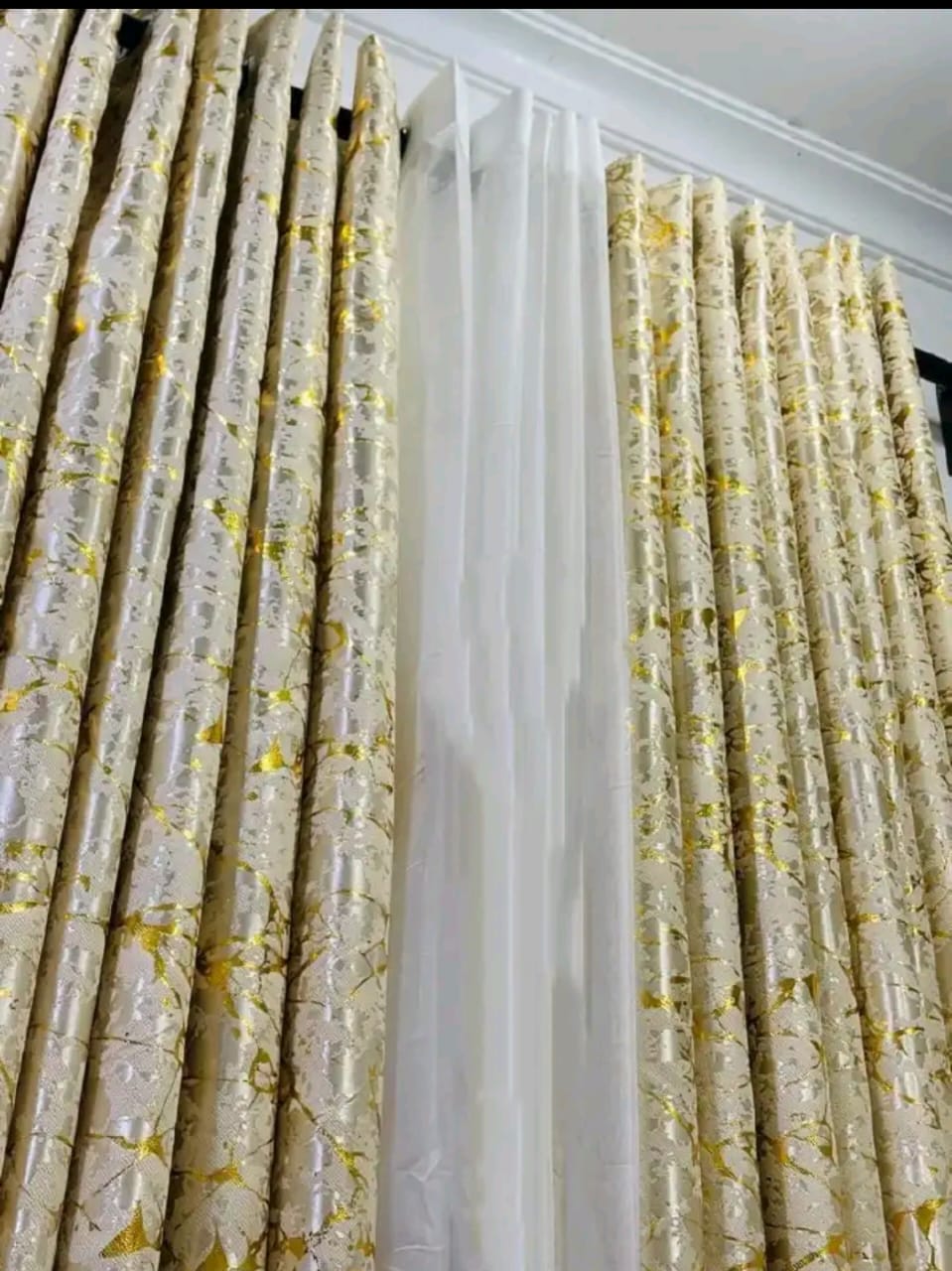 OFFER!! Taisier Home Gold Foil Print Linen Textured Curtains 3PC & 2PC Set Marble Curtains - 3PCc(1.5 mtrs each+1.5 mtrs each+Sheers: White :3 mtrs) 0r 2pcs((1.5 mtrs each+1.5 mtrs each)