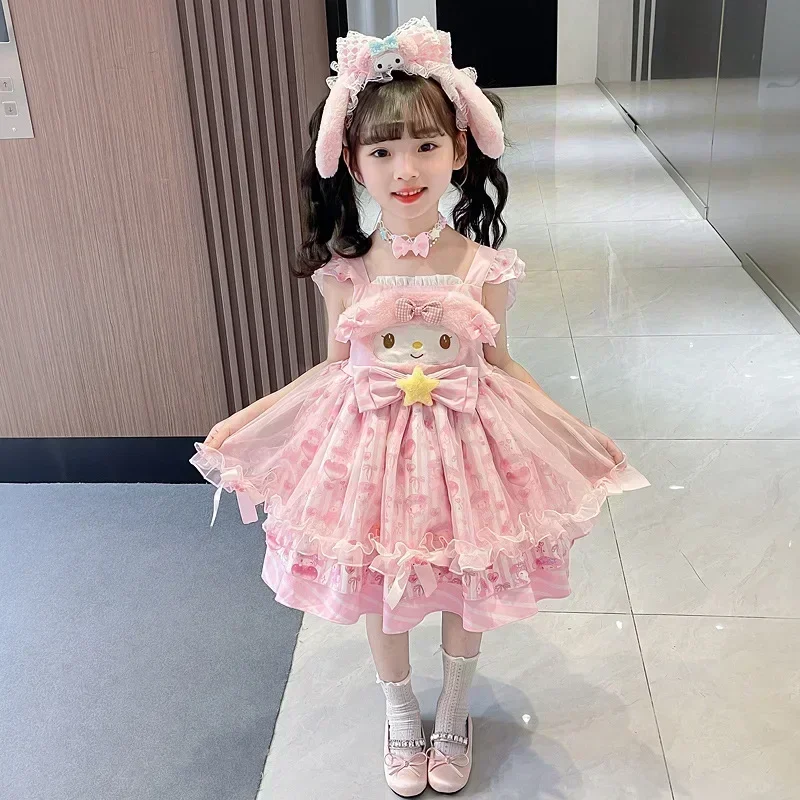 Sanrio Kawaii Cinnamoroll My Melody Children Dress Cartoon Anime Lolita Princess Dresses Summer Party Sweet Girl Birthday Gift