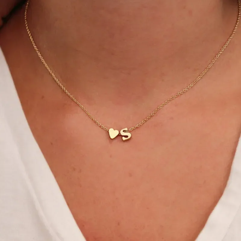 Fashion Tiny Heart Dainty Initial Necklace Gold Silver Color Letter Name Choker  For Women Pendant Jewelry Gift