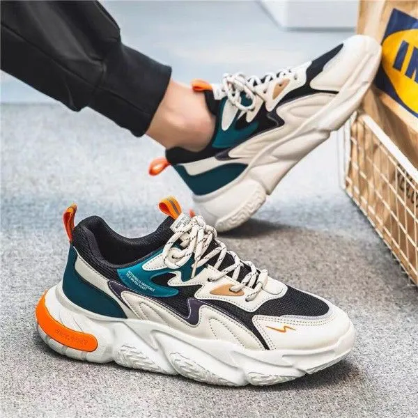 Men's Front Lace-Up Leather Splice Breathable Wear Casual Sneakers