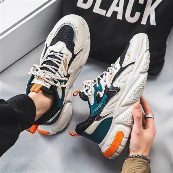 Men's Front Lace-Up Leather Splice Breathable Wear Casual Sneakers