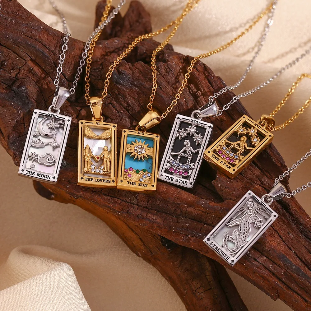 18K Gold Plated Retro New Style Tarot Card Necklace Fashionable Stainless Steel Geometric Shape Women's Party Jewelry Gifts