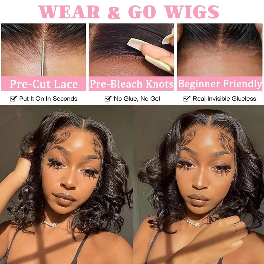 Wear And Go Glueless Bob Wig Human Hair Short Body Wave Lace Front Wigs Pre Cut Brazilian Hair 4X4 Lace Closure Wig For Women