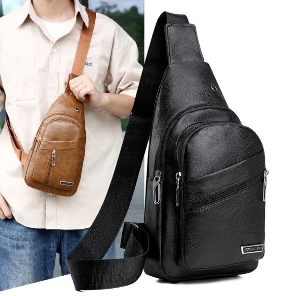 Men's Soft Leather Chest Bag Business Shoulder Waterproof Casual Crossbody Bag  Cross-Body Sling Bags