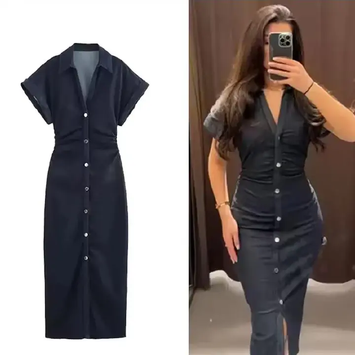 Denim Dress Women's Spring Summer Casual Long Dresses For Women 2026 New Fashion Ruched Short Sleeve Streetwear Midi Dress