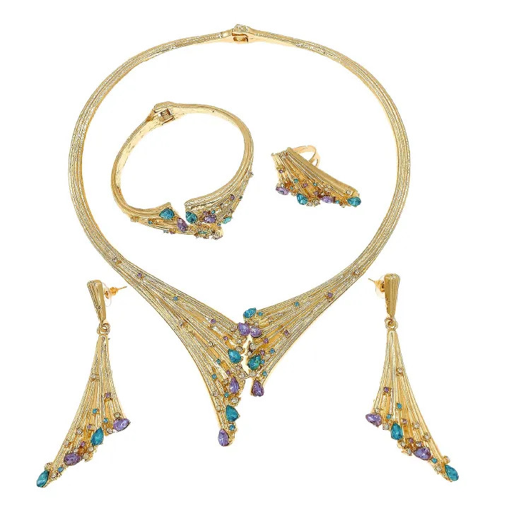 Jewelry set, necklace pendant, earring, ring, bracelet, women's jewelry fashion four piece set, jewelry set, wedding colored diamond decoration, party necklace