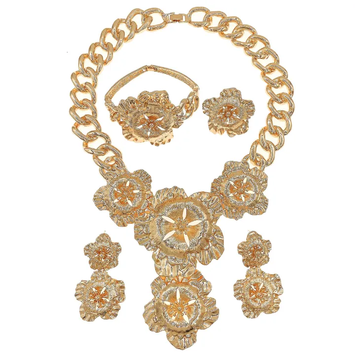 Dubai Jewelry Set Fashion Jewelry Necklace Earrings Bracelet Plated 24 Gold Original Jewelry Set Wedding Necklace Ring Earrings Bracelet Latest Flower Design Luxury Brazilian Gold Plated Jewelry Set