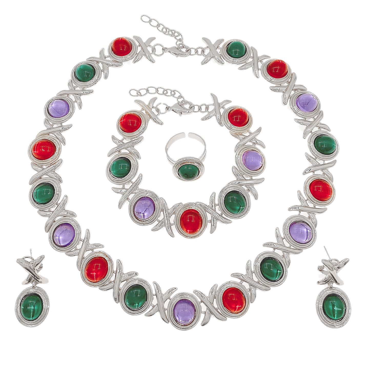 Fashion Accessories Colorful Czech Diamond Necklace Set I Love You Jewelry Set Heart shaped Love Diamond Pendant Bracelet Adjustable Ring Exquisite Earrings Daily Wear Jewelry xoxo Jewelry Festival