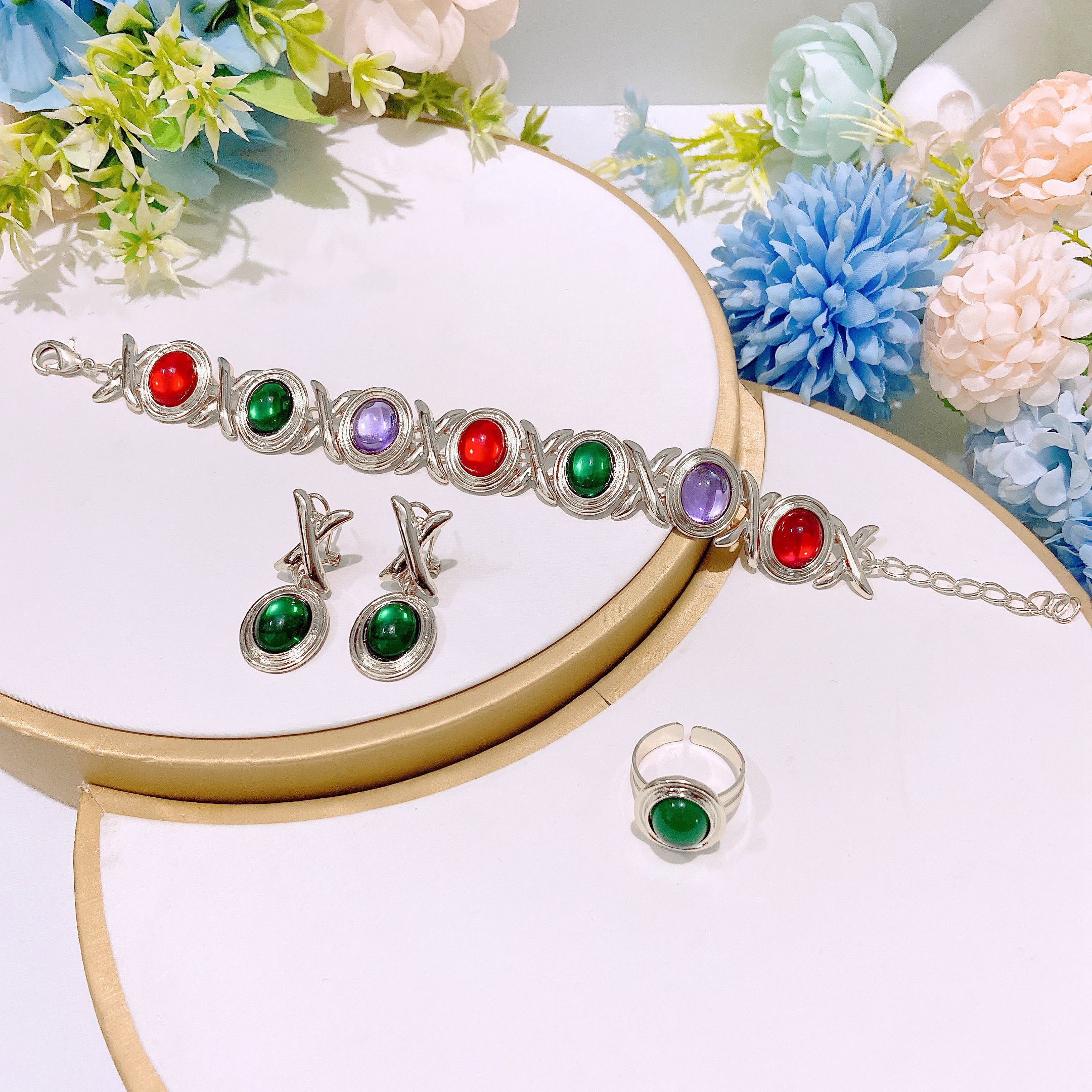Fashion Accessories Colorful Czech Diamond Necklace Set I Love You Jewelry Set Heart shaped Love Diamond Pendant Bracelet Adjustable Ring Exquisite Earrings Daily Wear Jewelry xoxo Jewelry Festival
