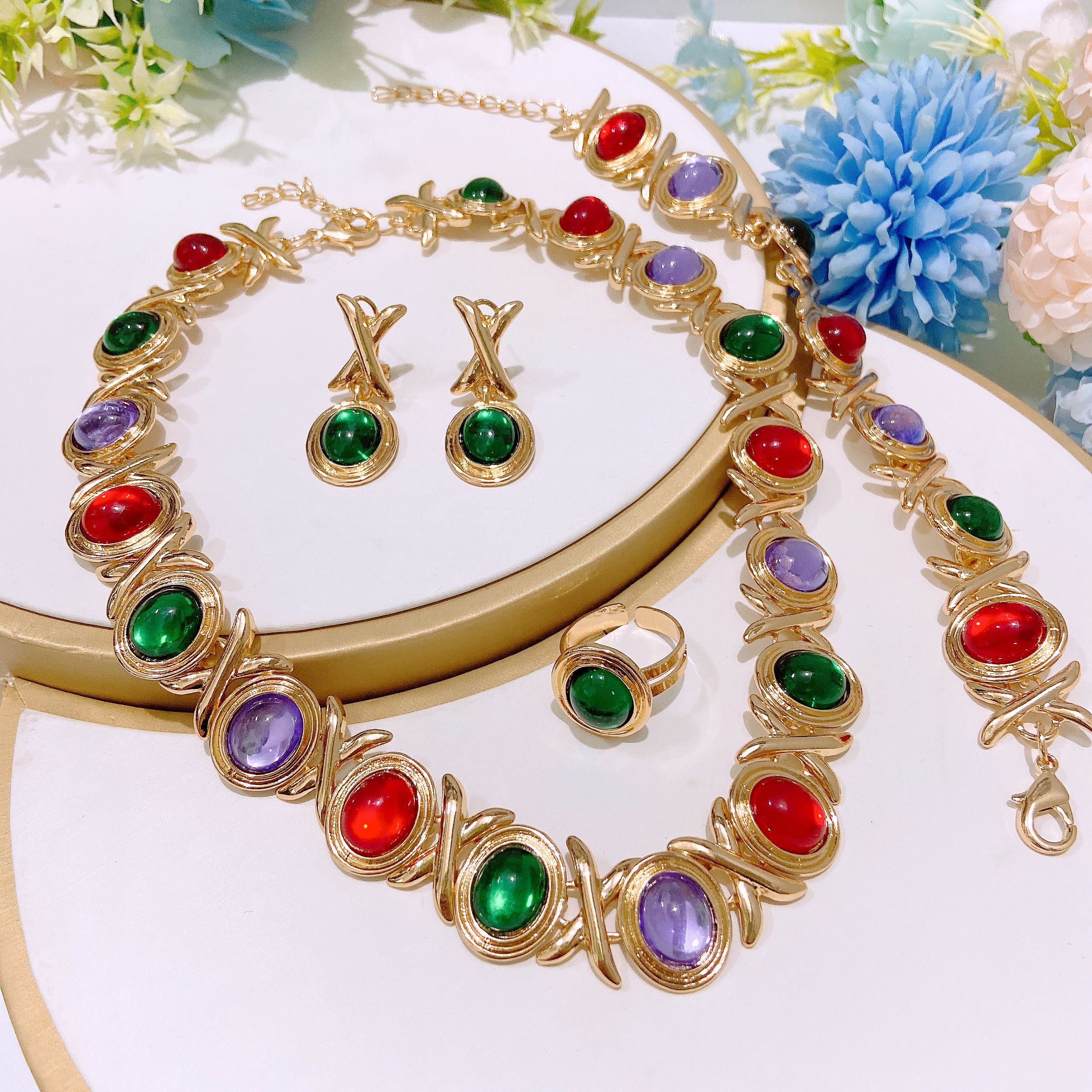 Fashion Accessories Colorful Czech Diamond Necklace Set I Love You Jewelry Set Heart shaped Love Diamond Pendant Bracelet Adjustable Ring Exquisite Earrings Daily Wear Jewelry xoxo Jewelry Festival