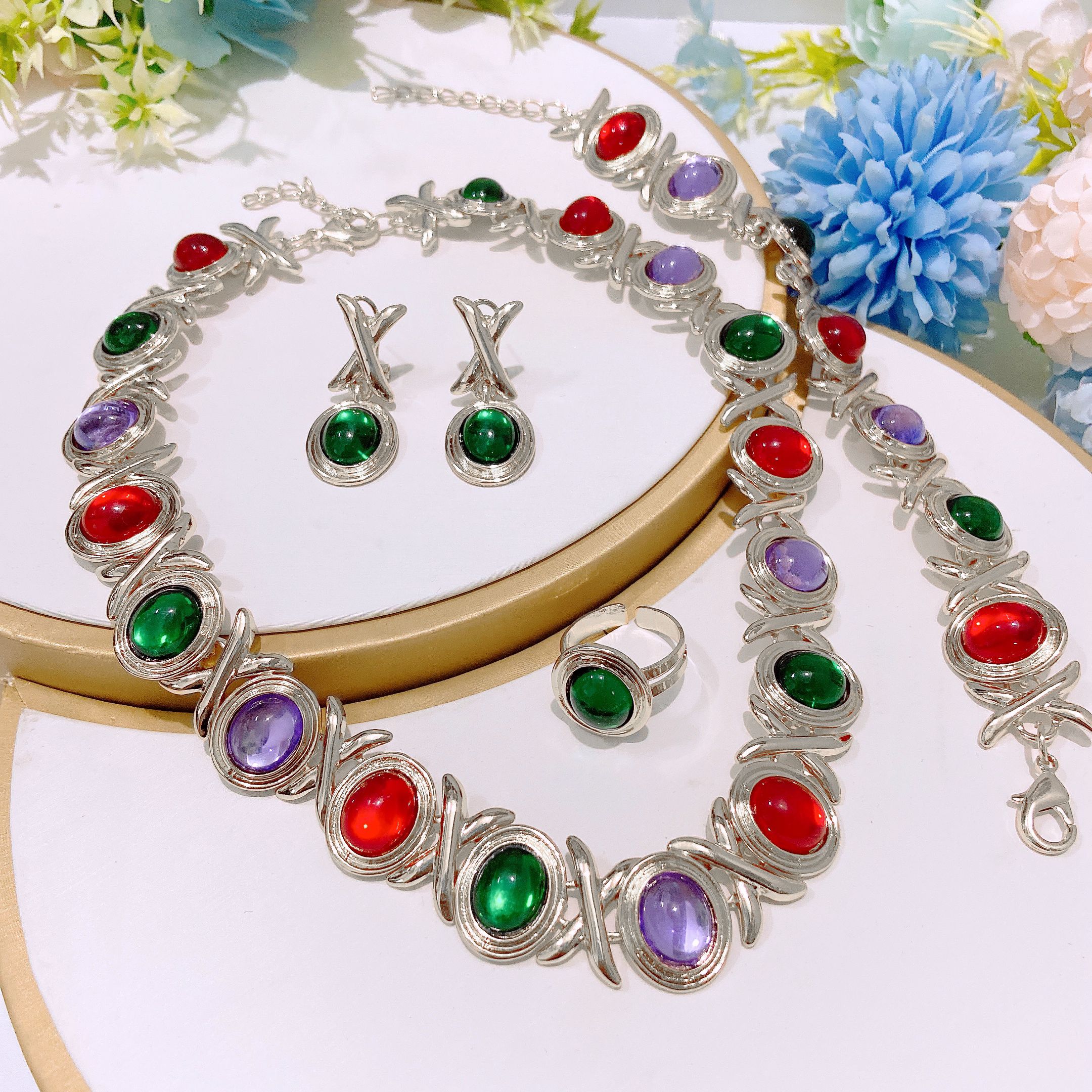 Fashion Accessories Colorful Czech Diamond Necklace Set I Love You Jewelry Set Heart shaped Love Diamond Pendant Bracelet Adjustable Ring Exquisite Earrings Daily Wear Jewelry xoxo Jewelry Festival