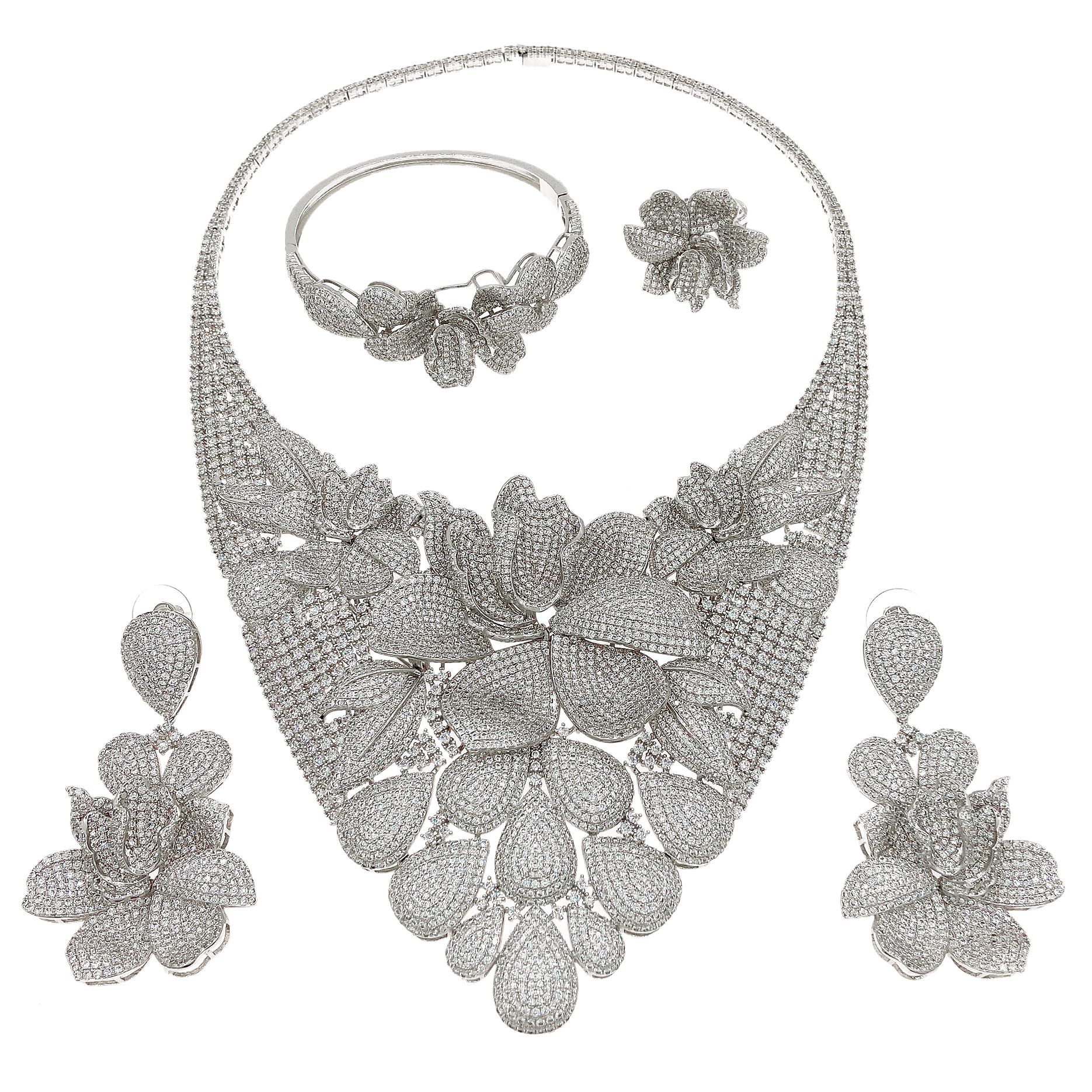 Dubai Jewelry New Luxury Diamond Necklace, Earrings, Rings, Bracelets 4-piece Jewelry Set, High end Diamonds Suitable for Women's Wedding Parties, Dubai Bridal Luxury Accessories
