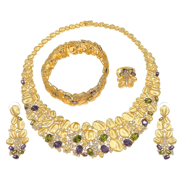 Luxury Diamond Necklace, Earrings, Rings, Bracelets 4-piece Set of High End Diamond Inlaid Jewelry Suitable for Women's Wedding Parties, Dubai Bridal Luxury Accessories