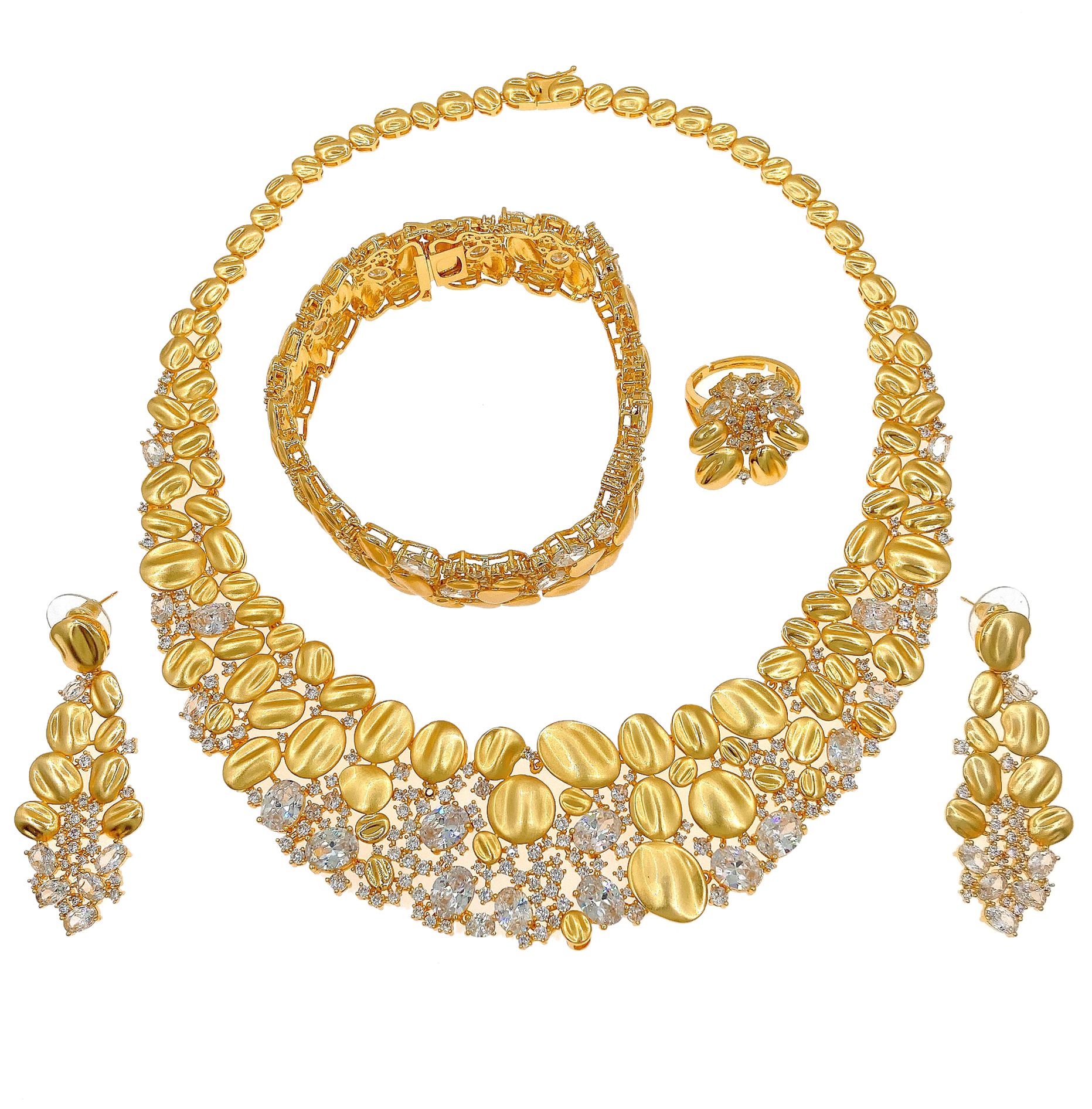 Luxury Diamond Necklace, Earrings, Rings, Bracelets 4-piece Set of High End Diamond Inlaid Jewelry Suitable for Women's Wedding Parties, Dubai Bridal Luxury Accessories