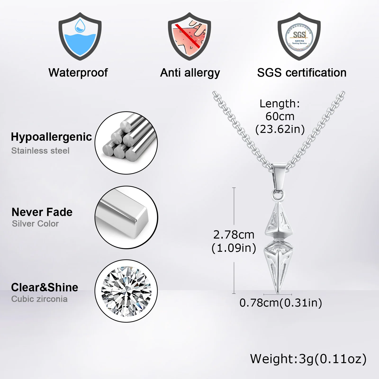 White Blue Zircon Rhombus Pendant Necklace, Stainless Steel Hypoallergenic Jewelry for Men, Valentine's Birthday Party Gift