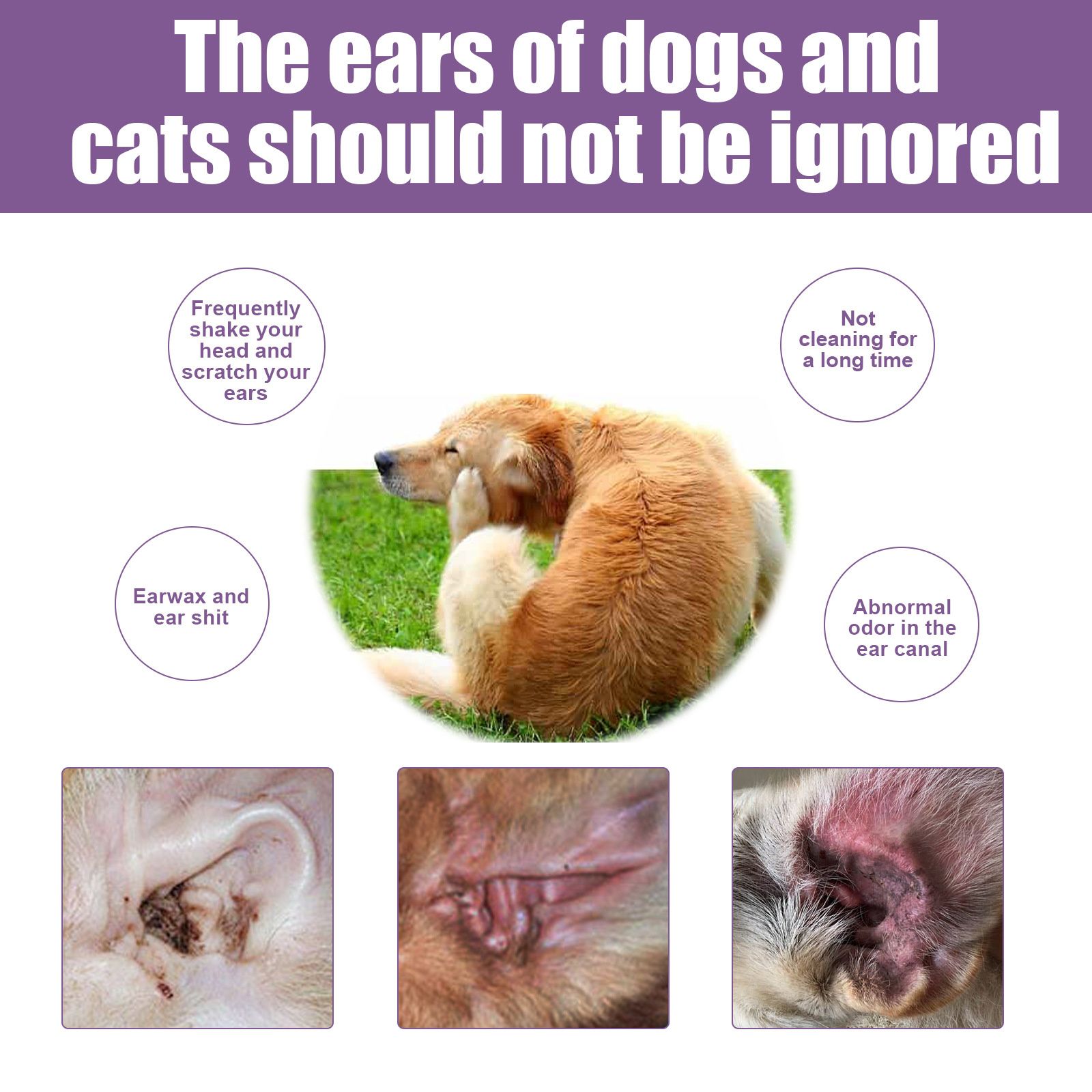 Yegbong pet ear cleaning solution for cats and dogs to relieve ear odor, clean earwax, and wash ear drops