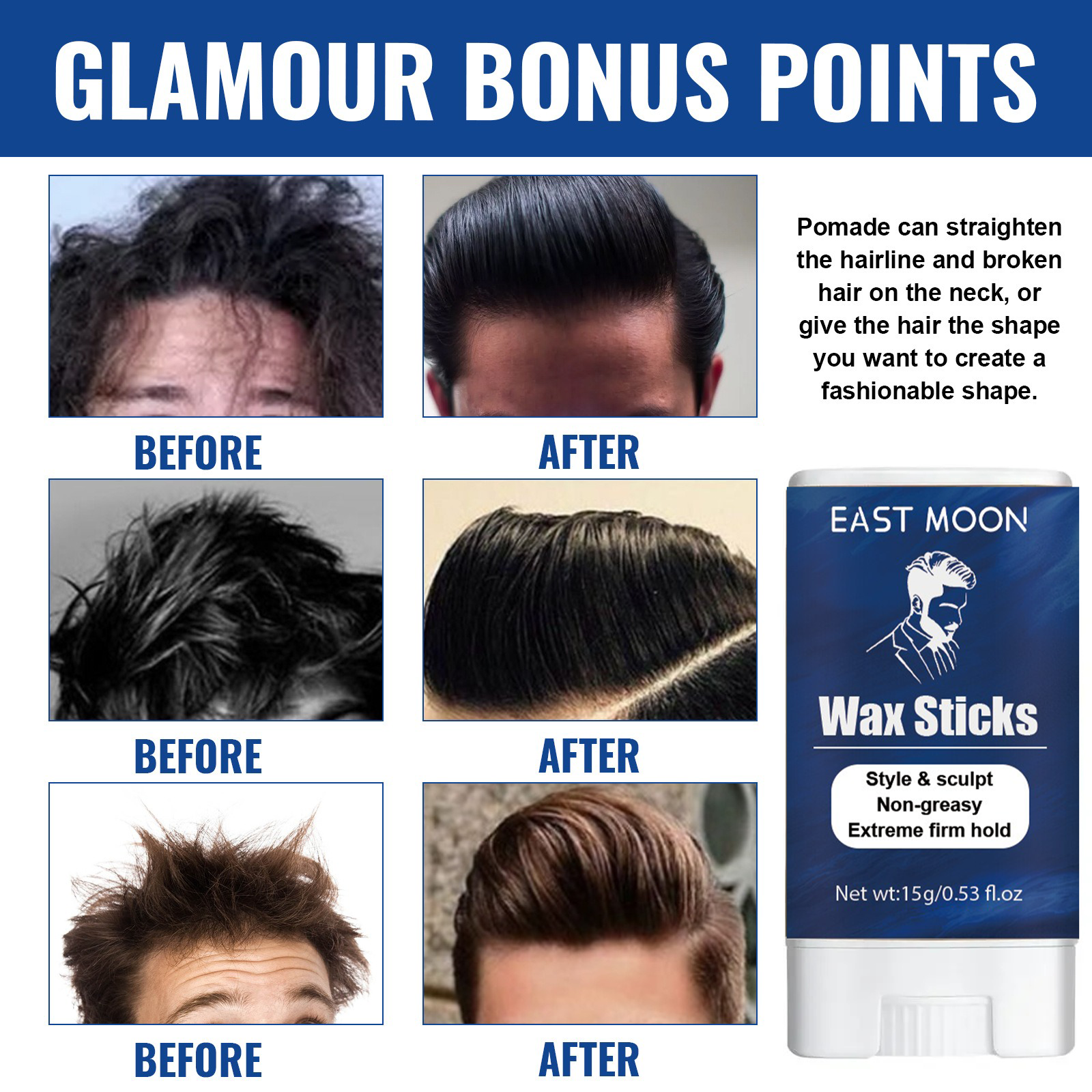 East Moon Men's Hair Wax Stick: Shattered Hair Care, Durable Shaping, Natural Fluffy, Three Dimensional Easy to Shape Hair Wax Stick