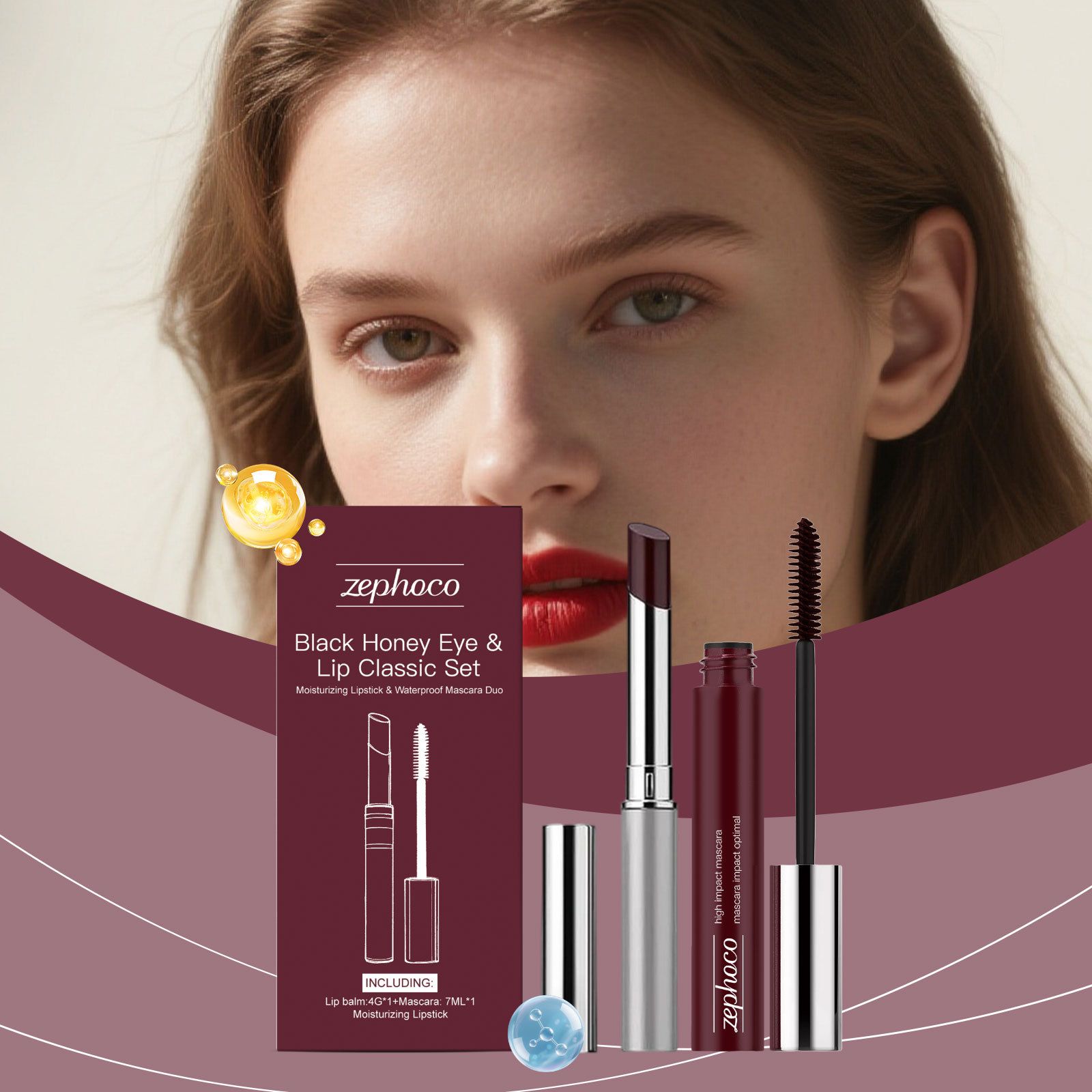zephoco Black Honey Eye and Lip Classic Brown Set Curling Mascara Moisturizing Silky Lipstick Natural Color