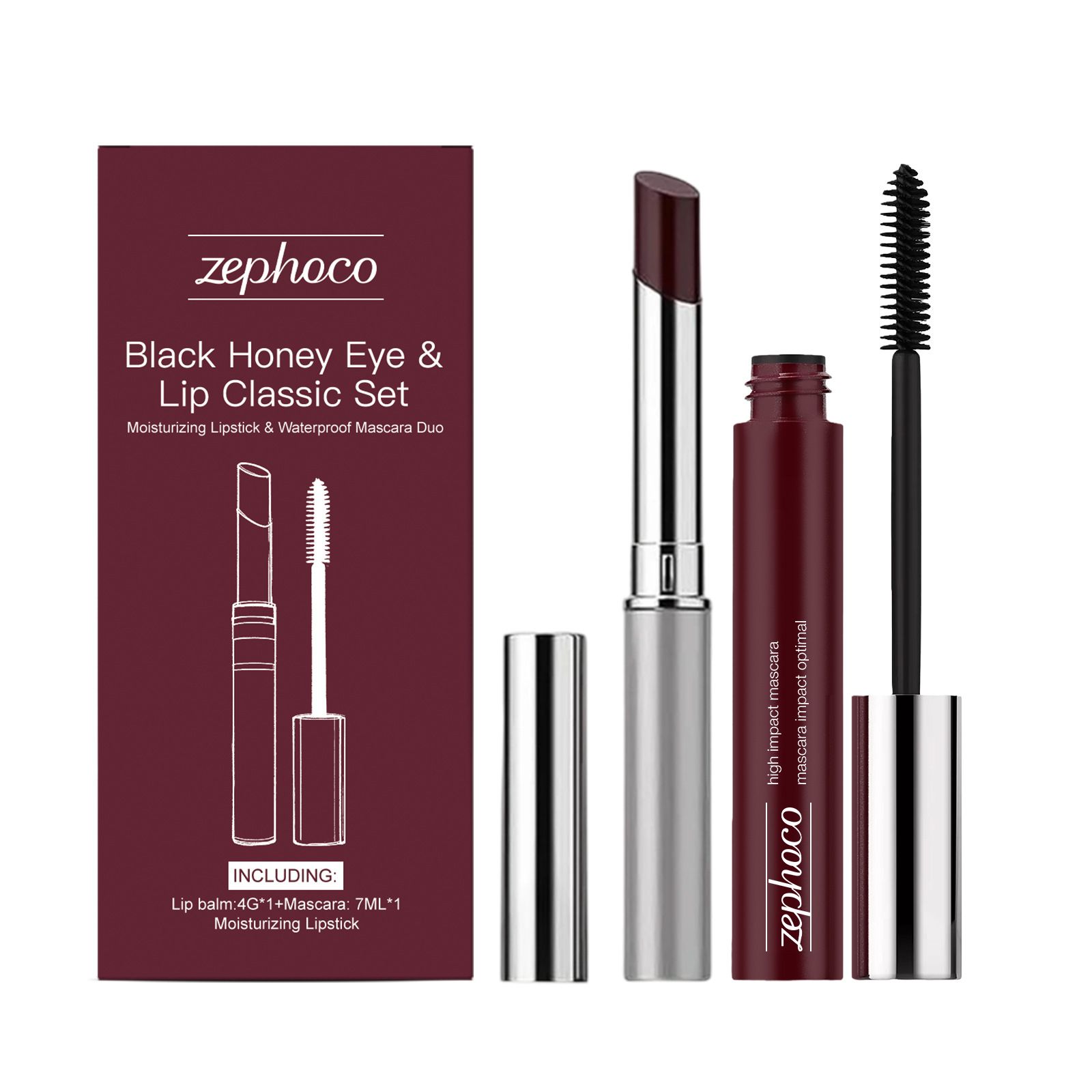 zephoco Black Honey Eye and Lip Classic Brown Set Curling Mascara Moisturizing Silky Lipstick Natural Color