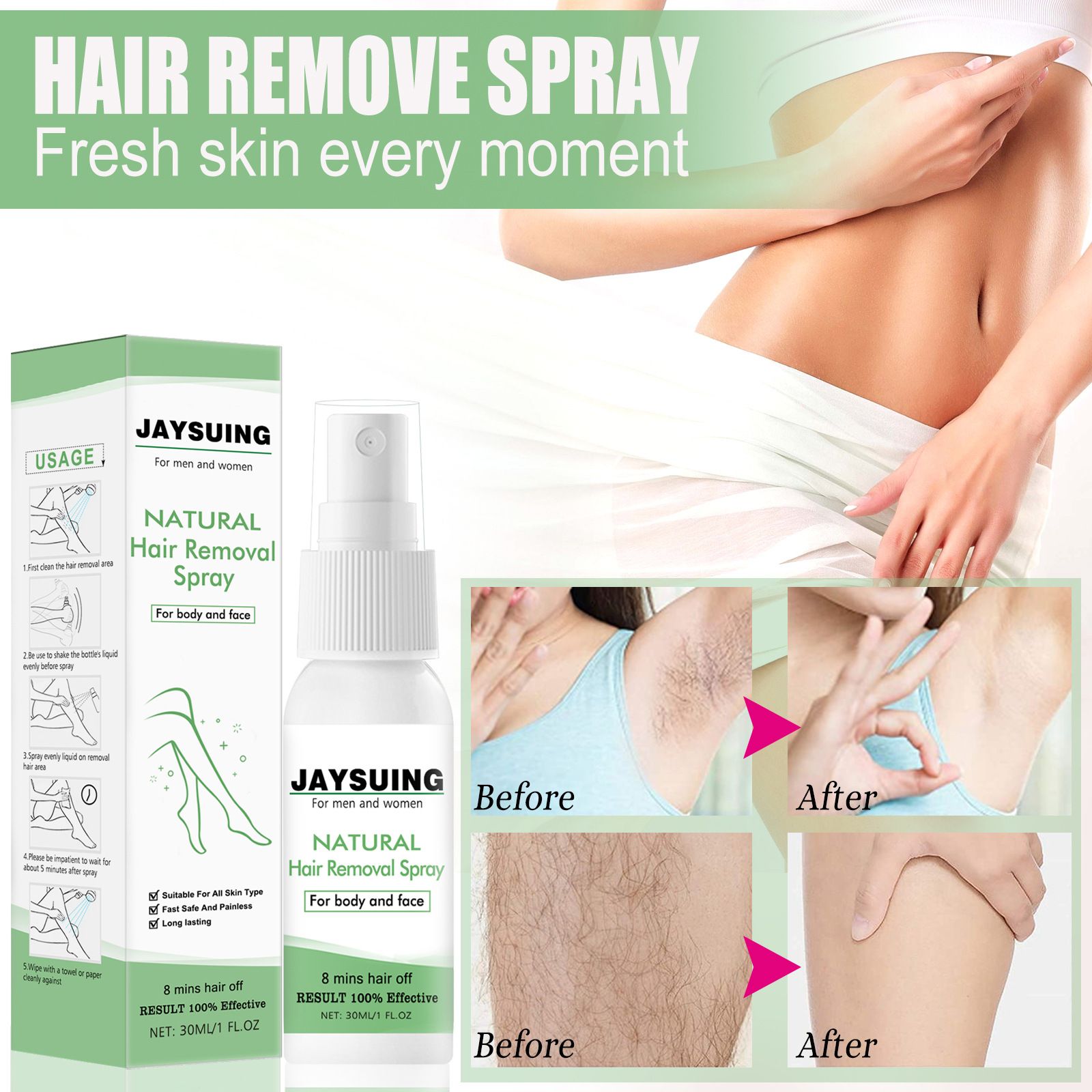 Jaysuing Hair Removal Spray Foam Smooth and Delicate Underarm and Leg Hair Gentle Hair Removal Spray Clean Care