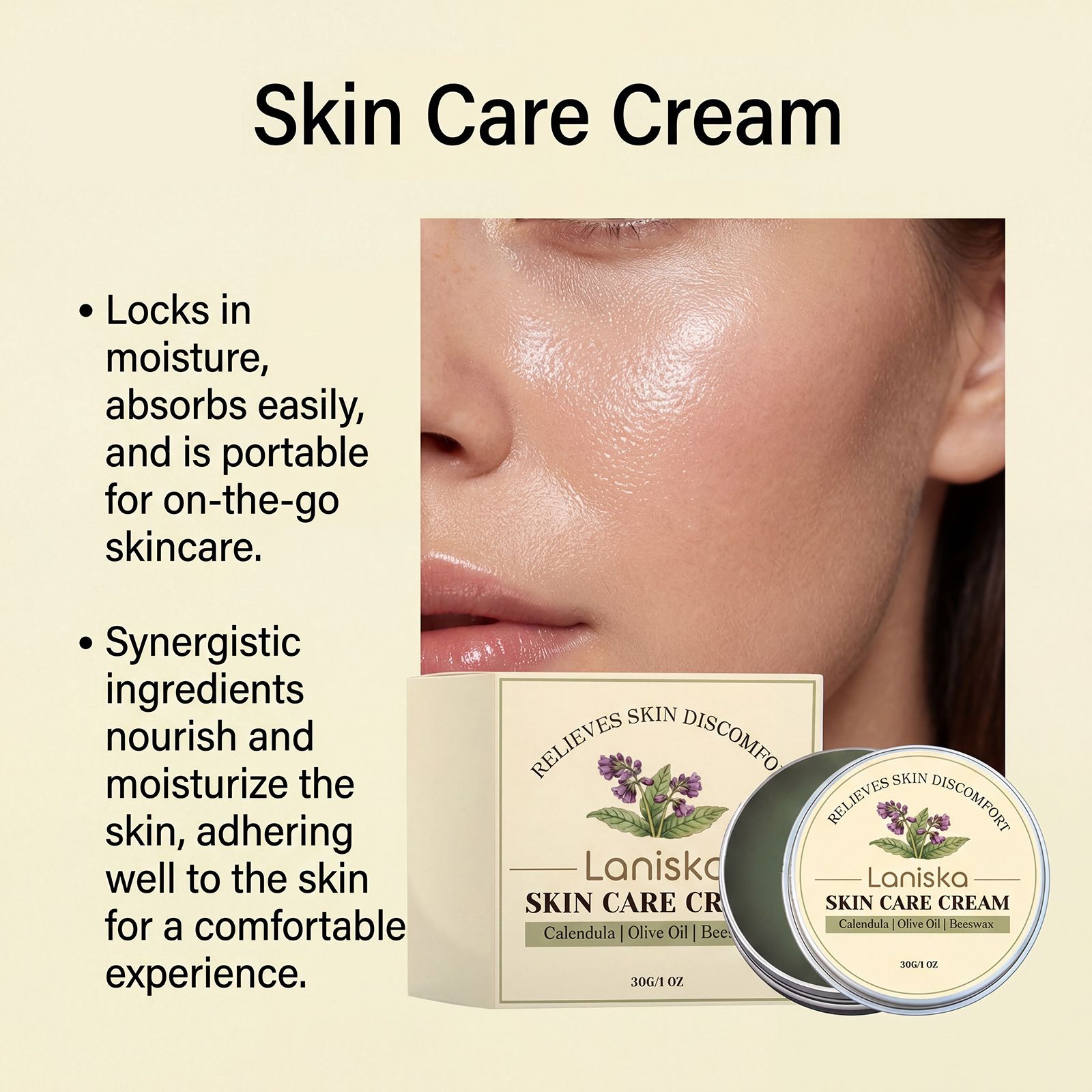 LANISKA Skin Soothing Cream, gently moisturizes and softens dry skin, daily hydration and moisturizing, smooth and supple skin