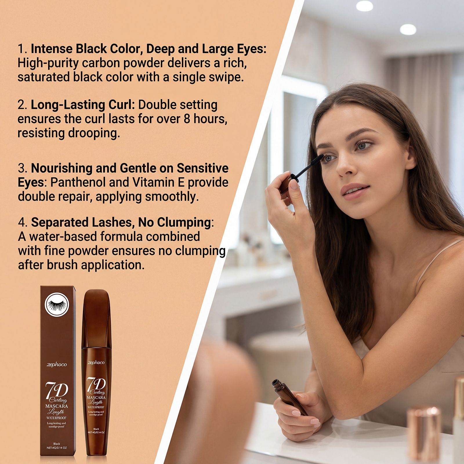 zephoco volumizing and curling mascara naturally enhances eyelashes, is not easy to smudge, and creates a silky, beautiful eye makeup look