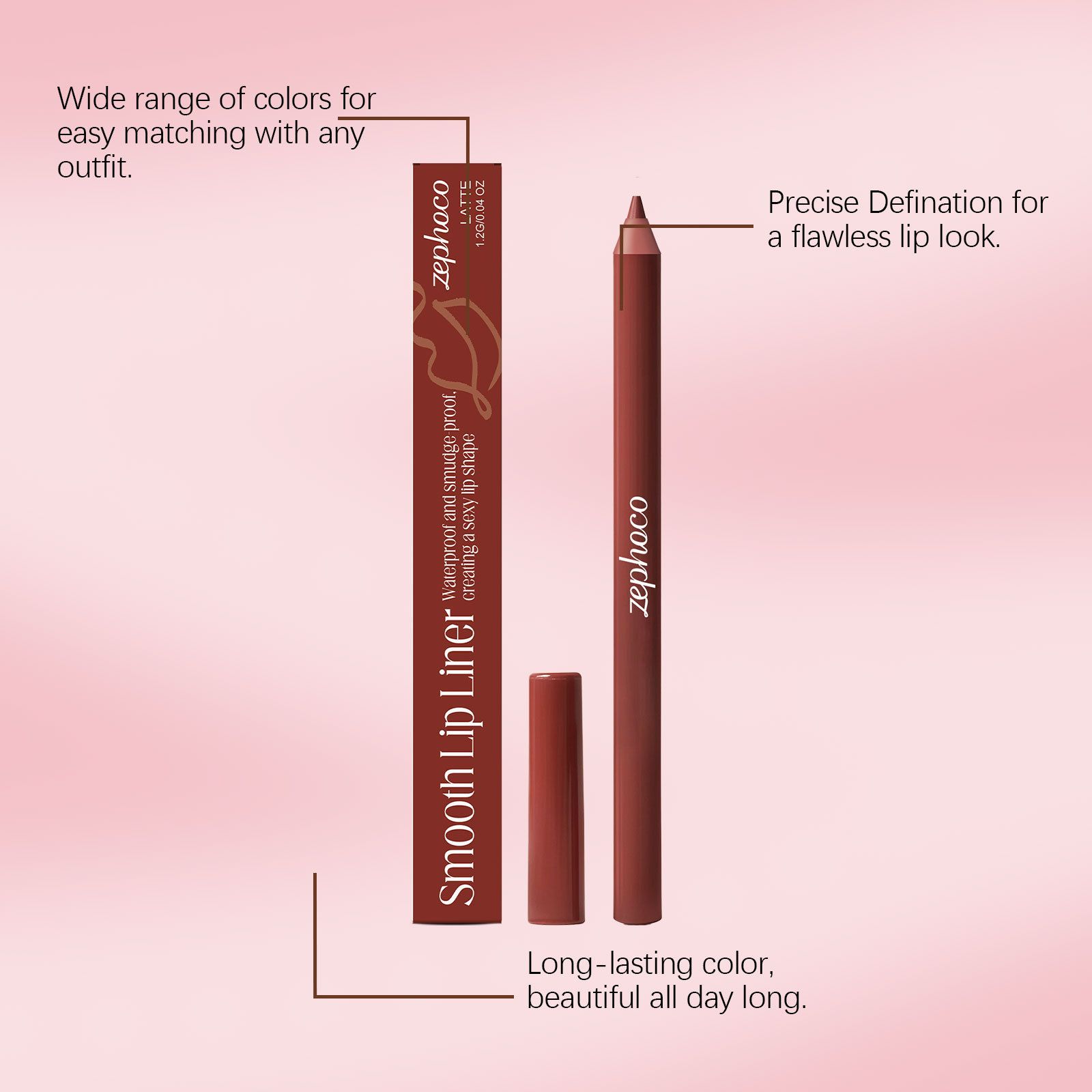 zephoco Warm Peach Brown Lip Liner, versatile, natural, easy to apply, silky texture, outlines a three-dimensional lip shape view 2