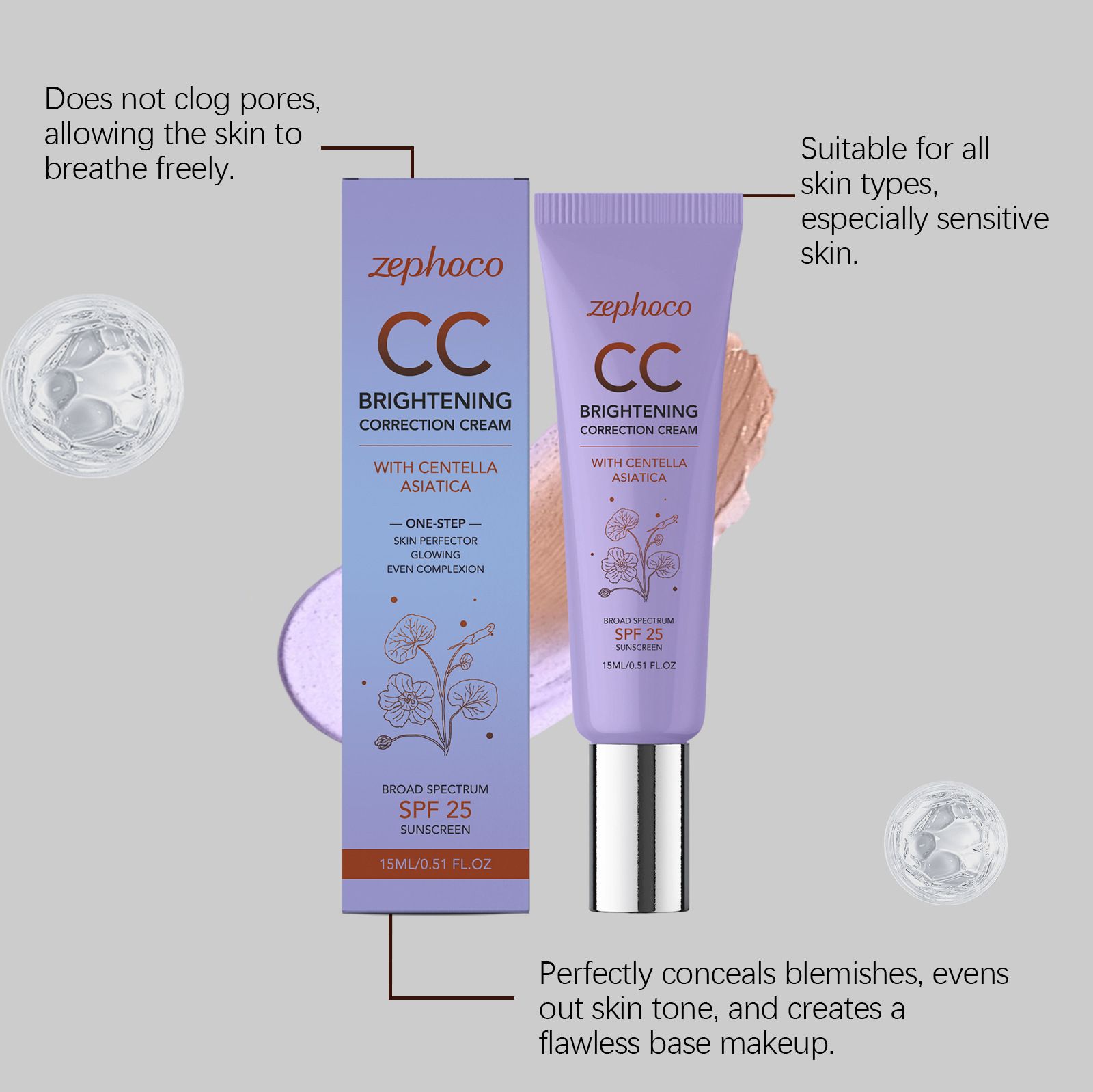 zephoco Temperature-Change Skin CC Cream (Purple Version) Transparent, Smooth, Natural Makeup Look, Lightweight and Non-Cakey Base Makeup