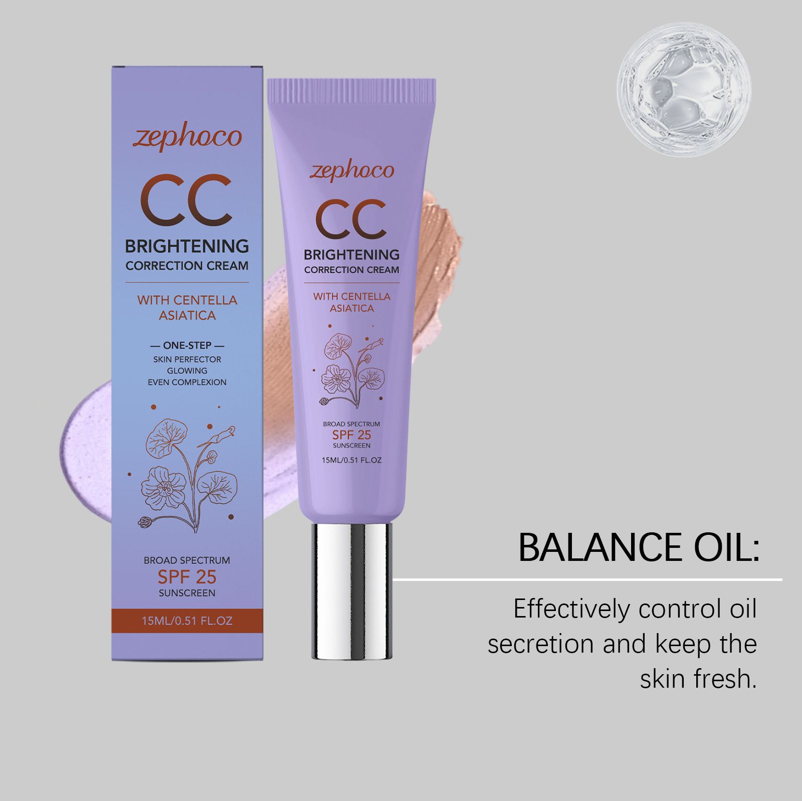 zephoco Temperature-Change Skin CC Cream (Purple Version) Transparent, Smooth, Natural Makeup Look, Lightweight and Non-Cakey Base Makeup