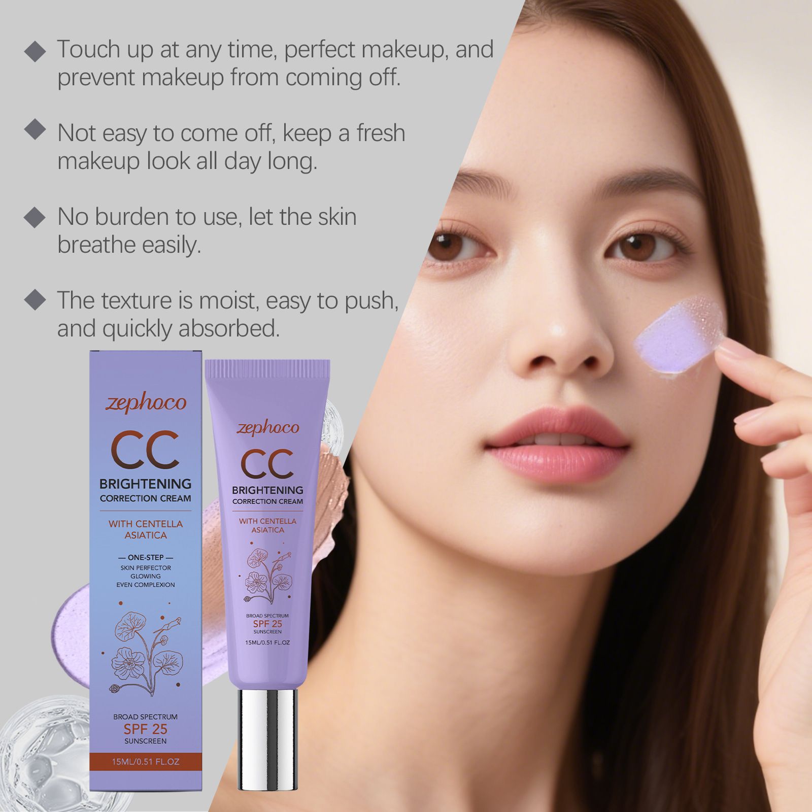 zephoco Temperature-Change Skin CC Cream (Purple Version) Transparent, Smooth, Natural Makeup Look, Lightweight and Non-Cakey Base Makeup