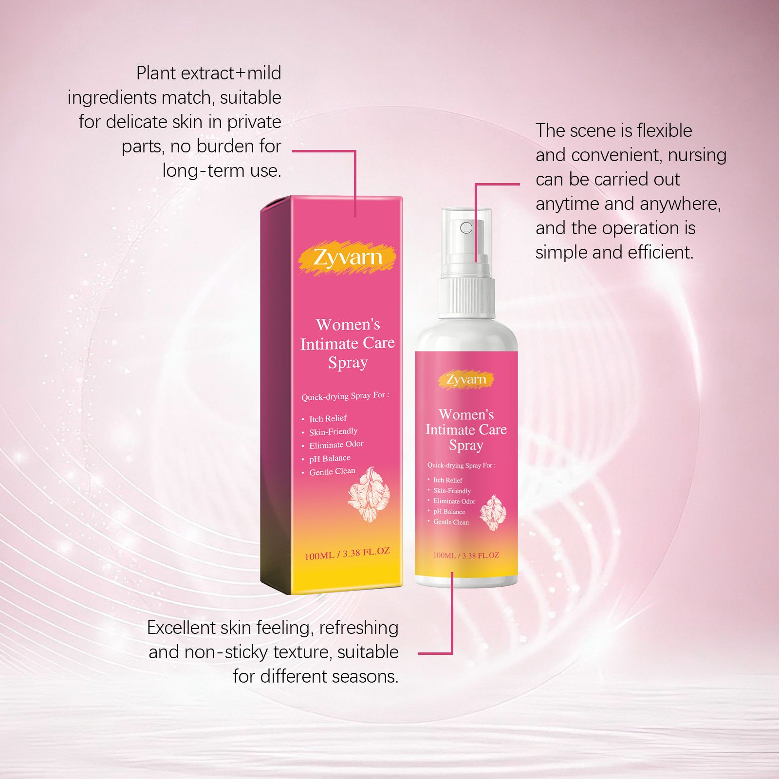 Zyvarn Women's Body Care Spray Daily Gentle Care for Body Skin, Portable and Easy-to-Use Spray