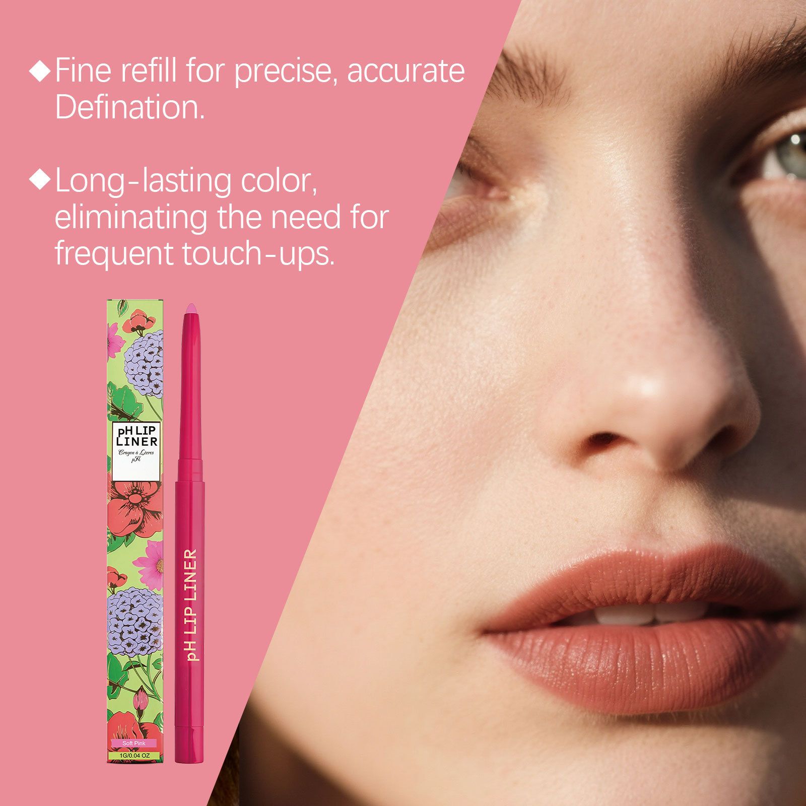 Soft pink lip liner, smooth and silky to outline and create a three-dimensional look, warm-toned, long-lasting lip makeup correction pencil